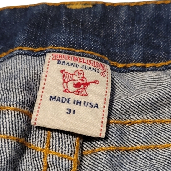 True Religion Becky Low Rise Boot Cut Jeans Dark Blue Gold Logo Print Like New - Picture 9 of 12